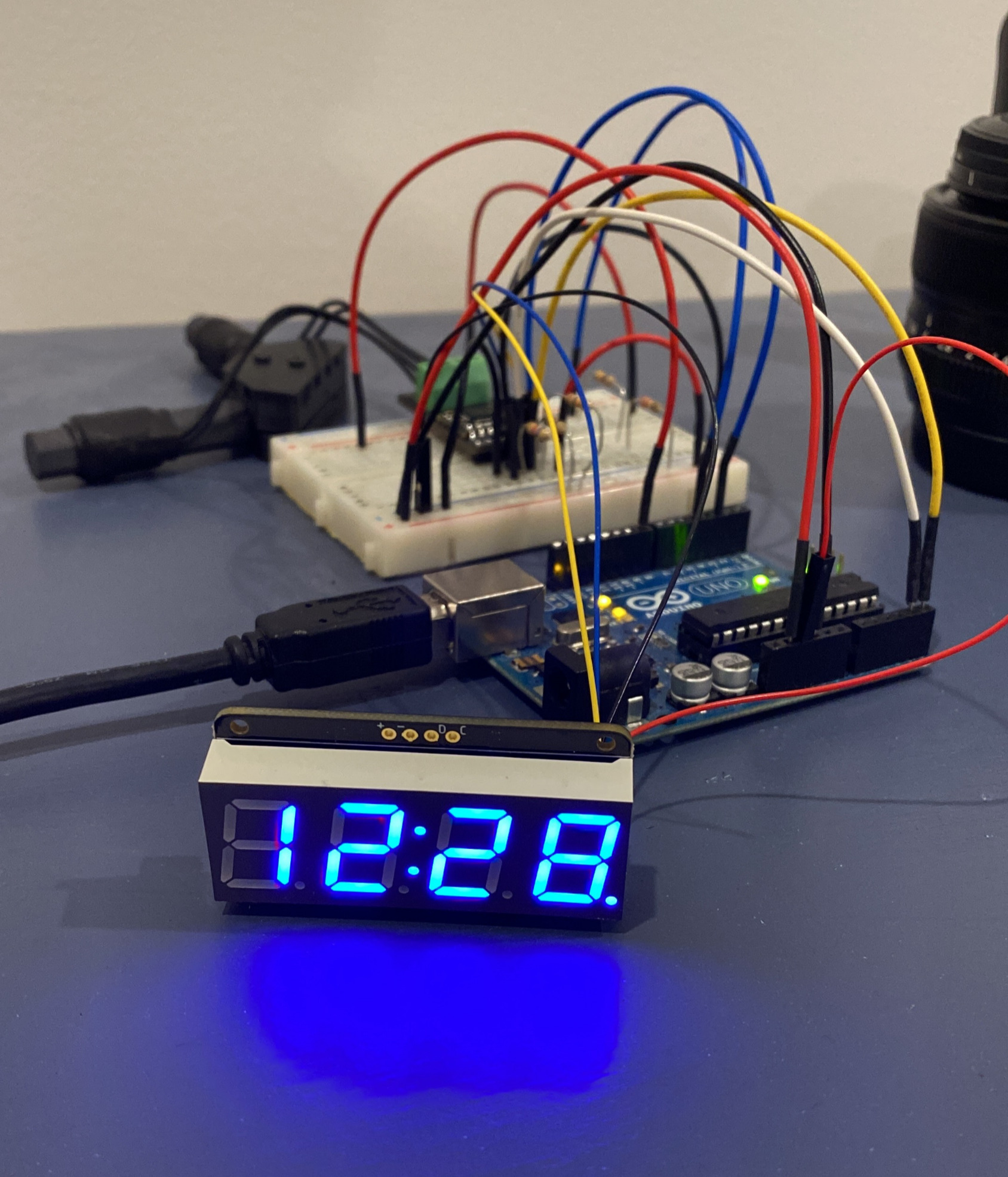 Proof of concept breadboard with WWVB receiver, Arduino, and 7-segment display